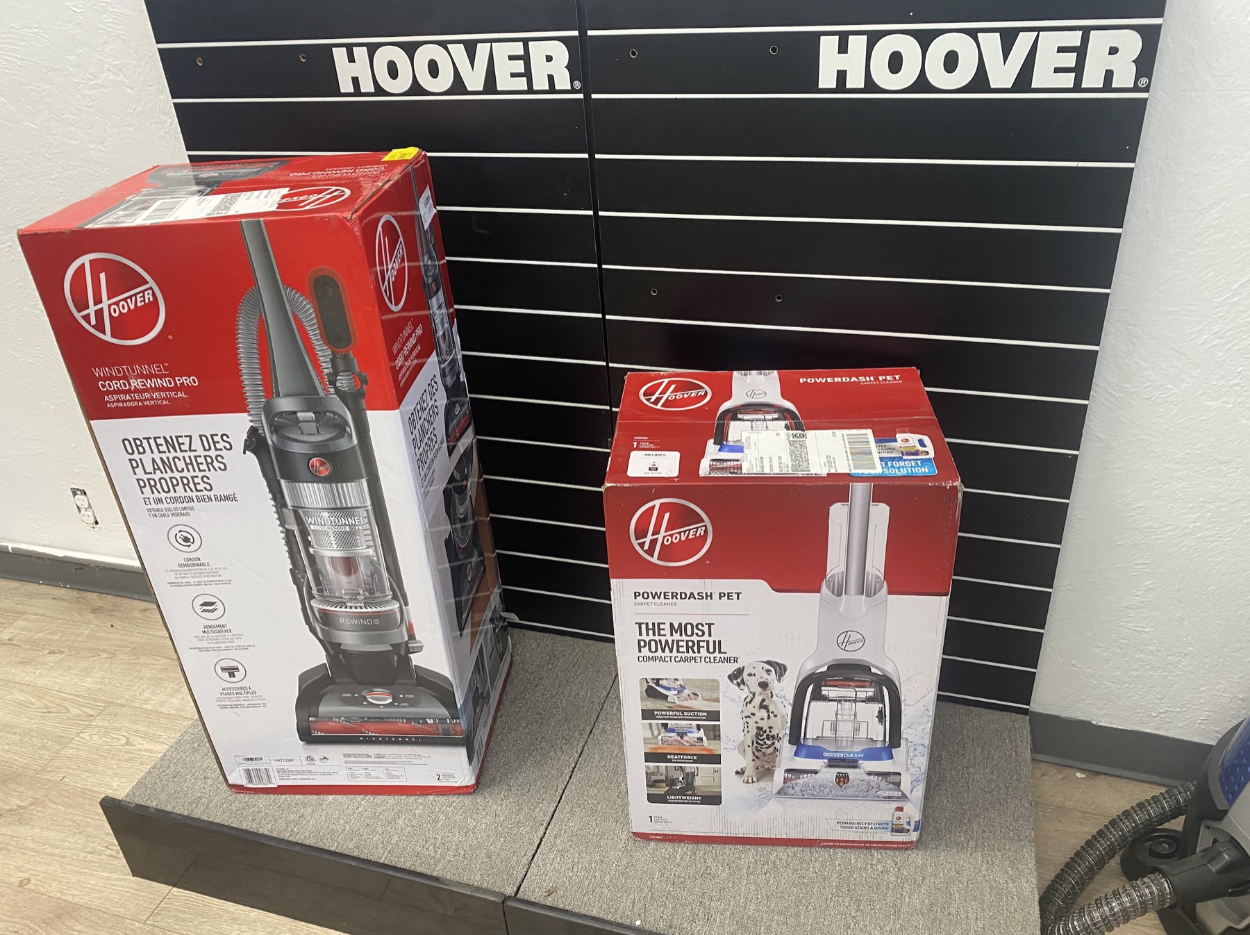 Hoover vacuum displays and boxed machines in the Skaggs Vacuums showroom
