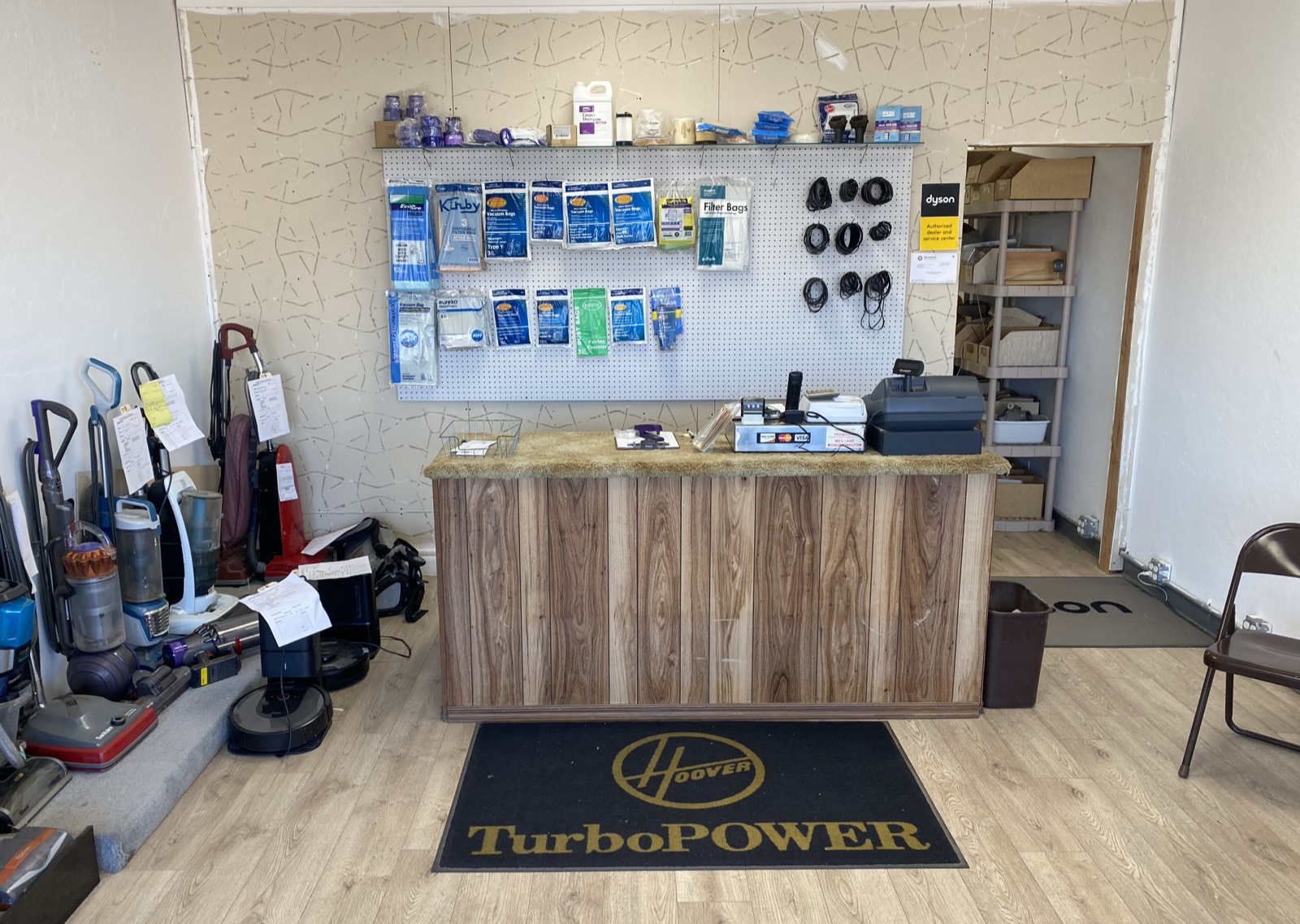 Skaggs Vacuums service counter with parts and vacuums in Oklahoma City